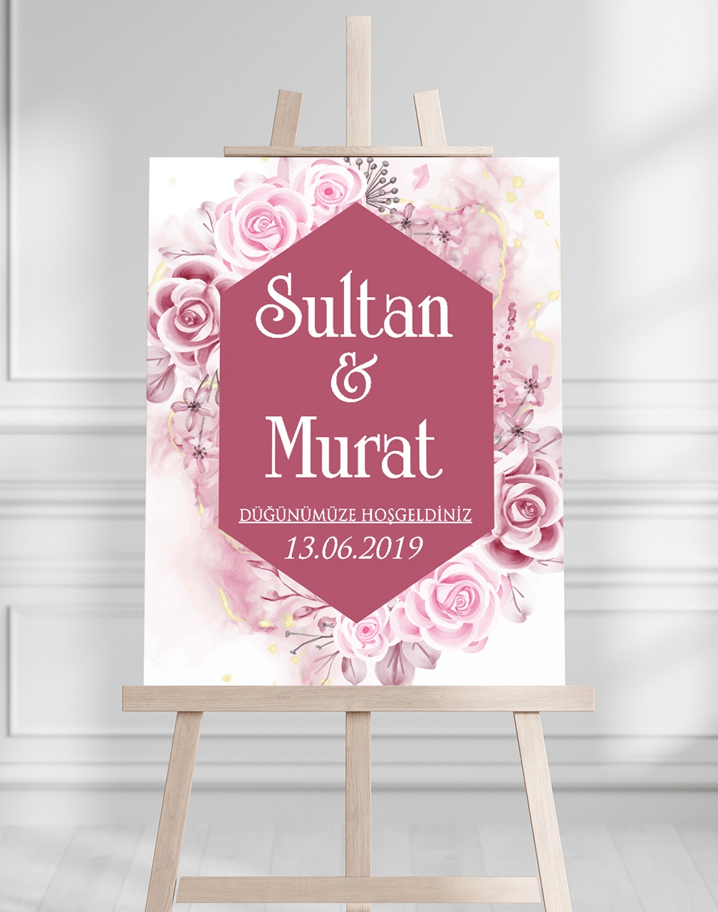 Söz Nişan Düğün İçin 50x70 Karşılama Panosu - Pembe Gül Desenli