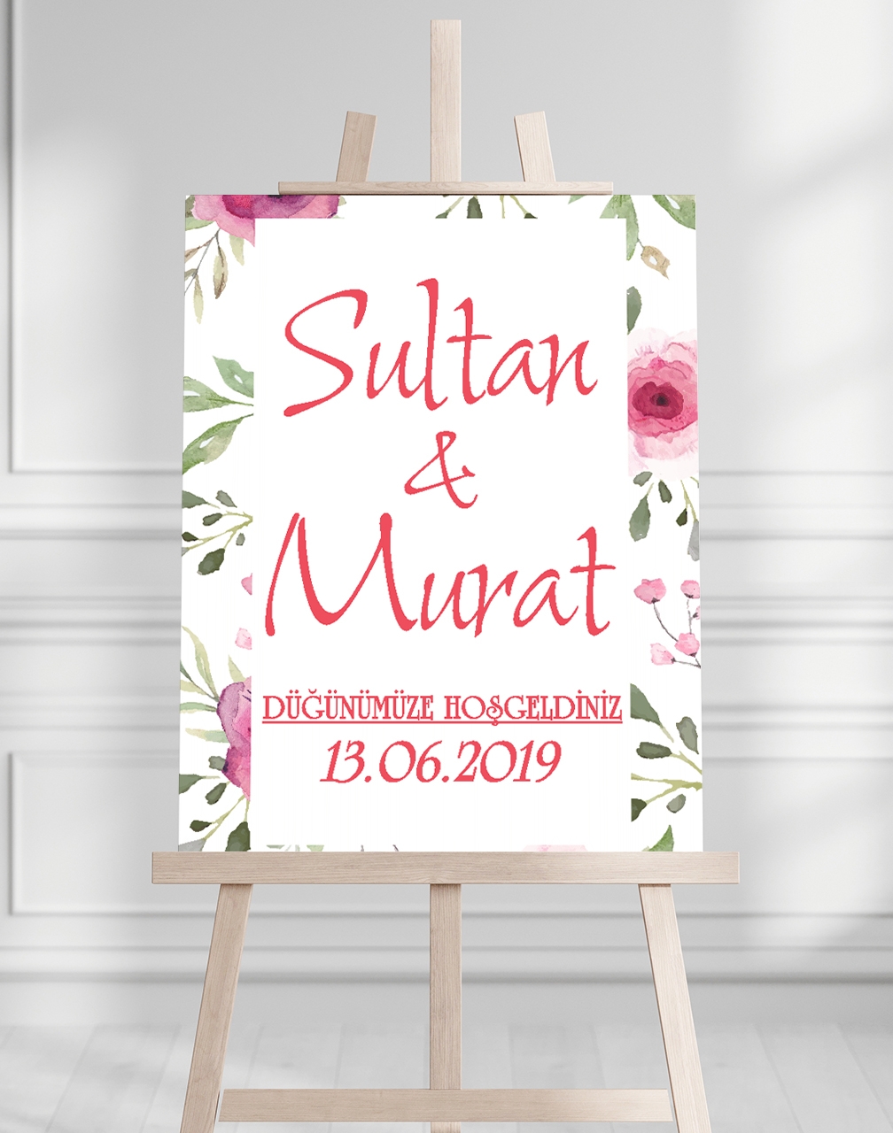 Söz Nişan Düğün İçin 50x70 Karşılama Panosu - Pembe Ren Çiçek Temalı 01