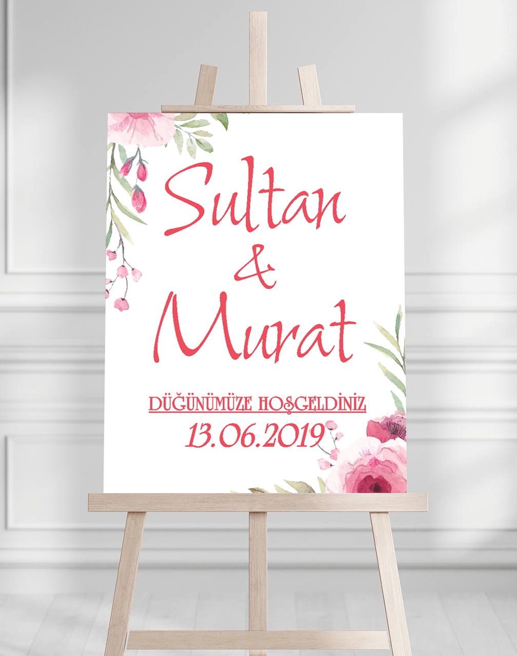 Söz Nişan Düğün İçin 50x70 Karşılama Panosu - Pembe Ren Çiçek Temalı