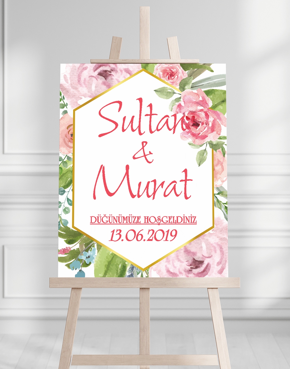 Söz Nişan Düğün İçin 50x70 Karşılama Panosu - Pembe Renk Çiçek Temalı 03