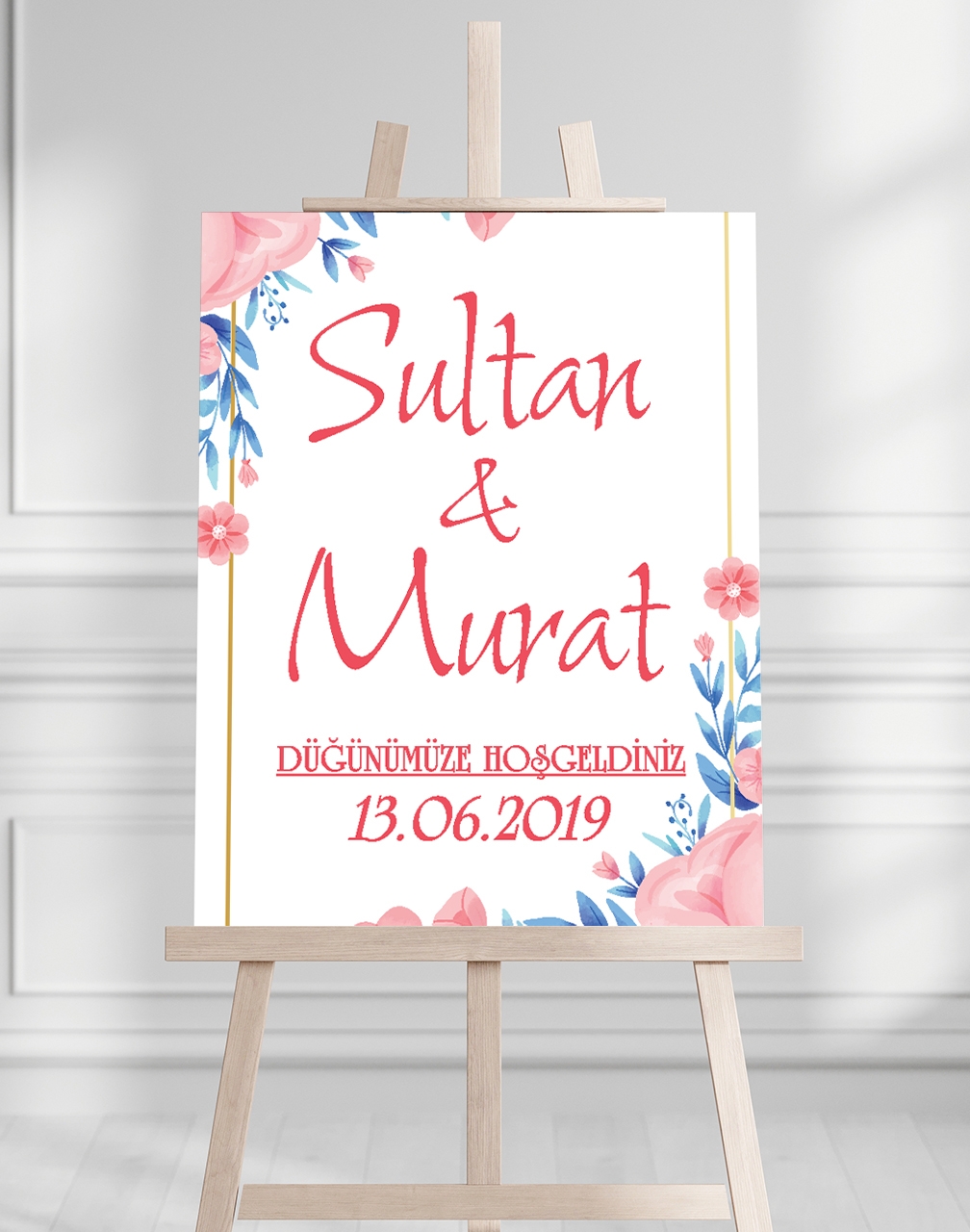 Söz Nişan Düğün İçin 50x70 Karşılama Panosu - Pembe Renkleri Çiçek Temalı 01