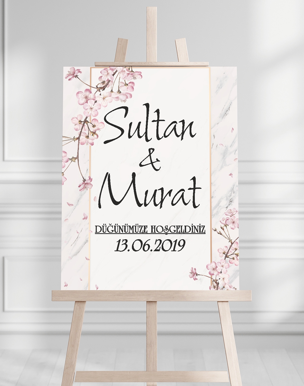 Söz Nişan Düğün İçin 50x70 Karşılama Panosu - Pembe Renkleri Çiçek Temalı