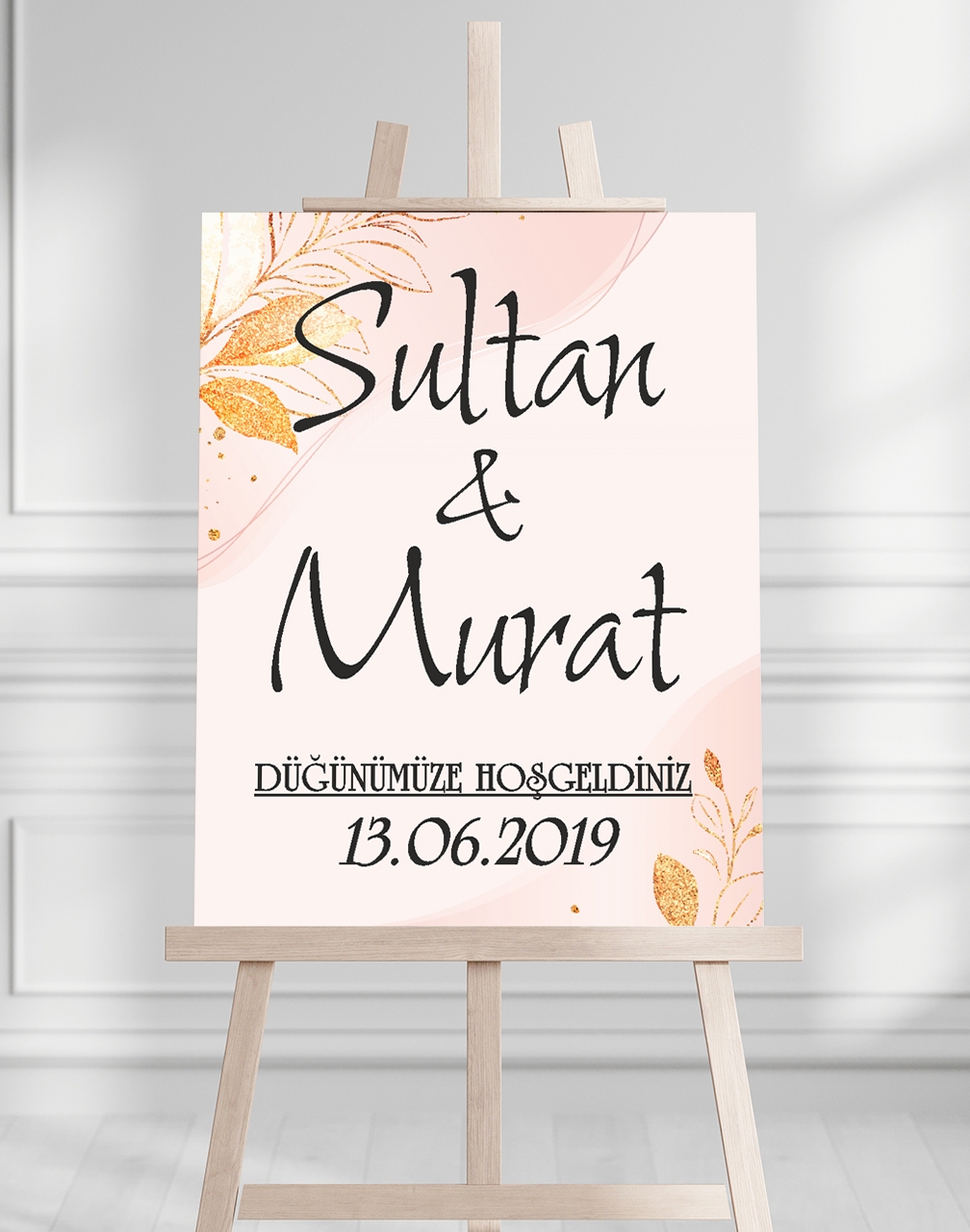 Söz Nişan Düğün İçin 50x70 Karşılama Panosu - Pembe ve Altın Çiçek Desenli