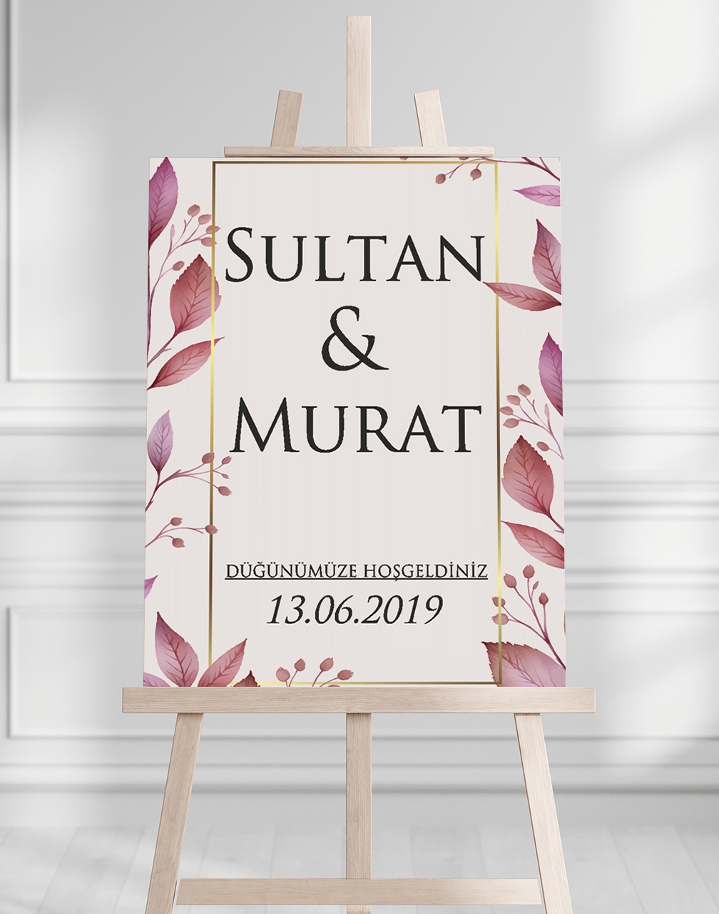 Söz Nişan Düğün İçin 50x70 Karşılama Panosu - Pembe Yaprak Tasarımlı