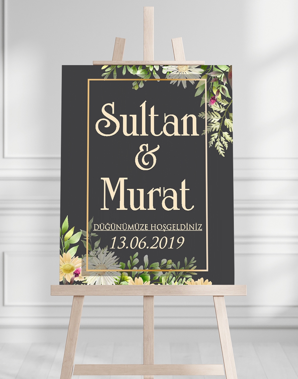 Söz Nişan Düğün İçin 50x70 Karşılama Panosu - PSiyah ve Gül Çiçek Temalı