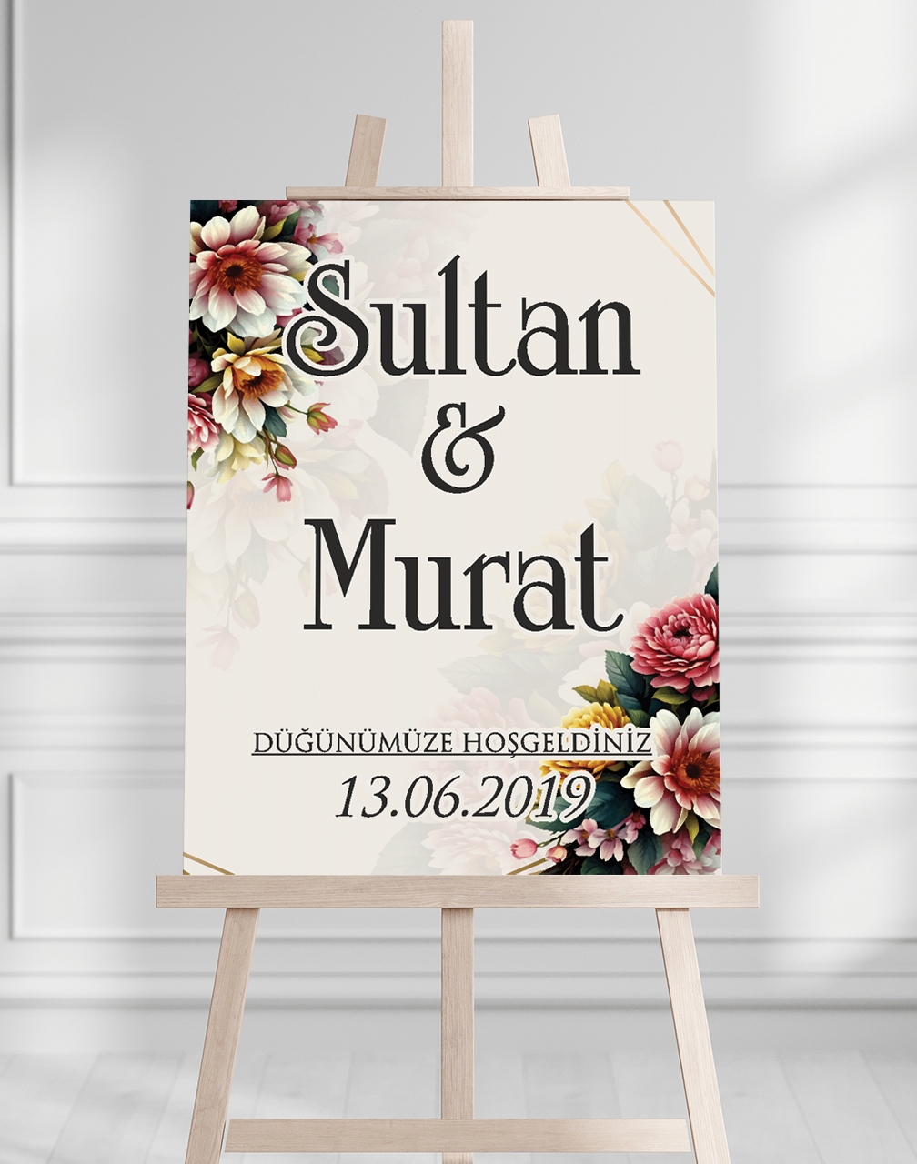 Söz Nişan Düğün İçin 50x70 Karşılama Panosu - Renkli Çiçek Desenli