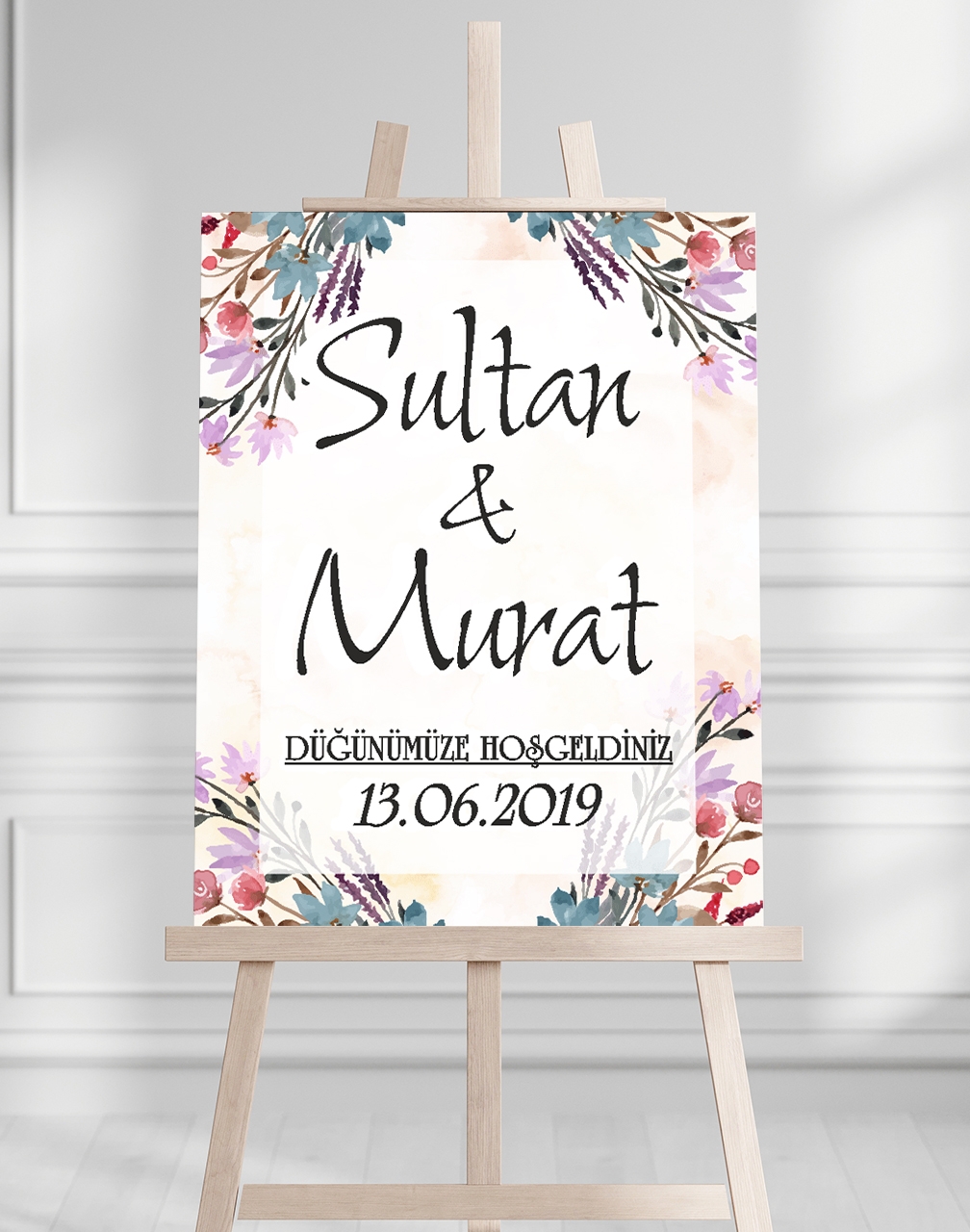 Söz Nişan Düğün İçin 50x70 Karşılama Panosu - Renkli Çiçek Pastel Tasarımlı