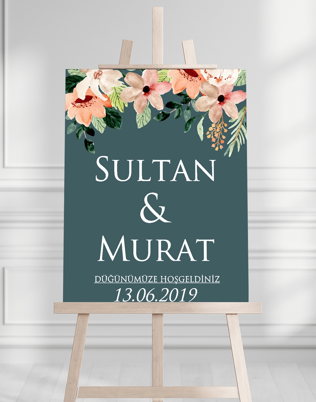 Söz Nişan Düğün İçin 50x70 Karşılama Panosu - Renkli Çiçek Tasarımlı 004