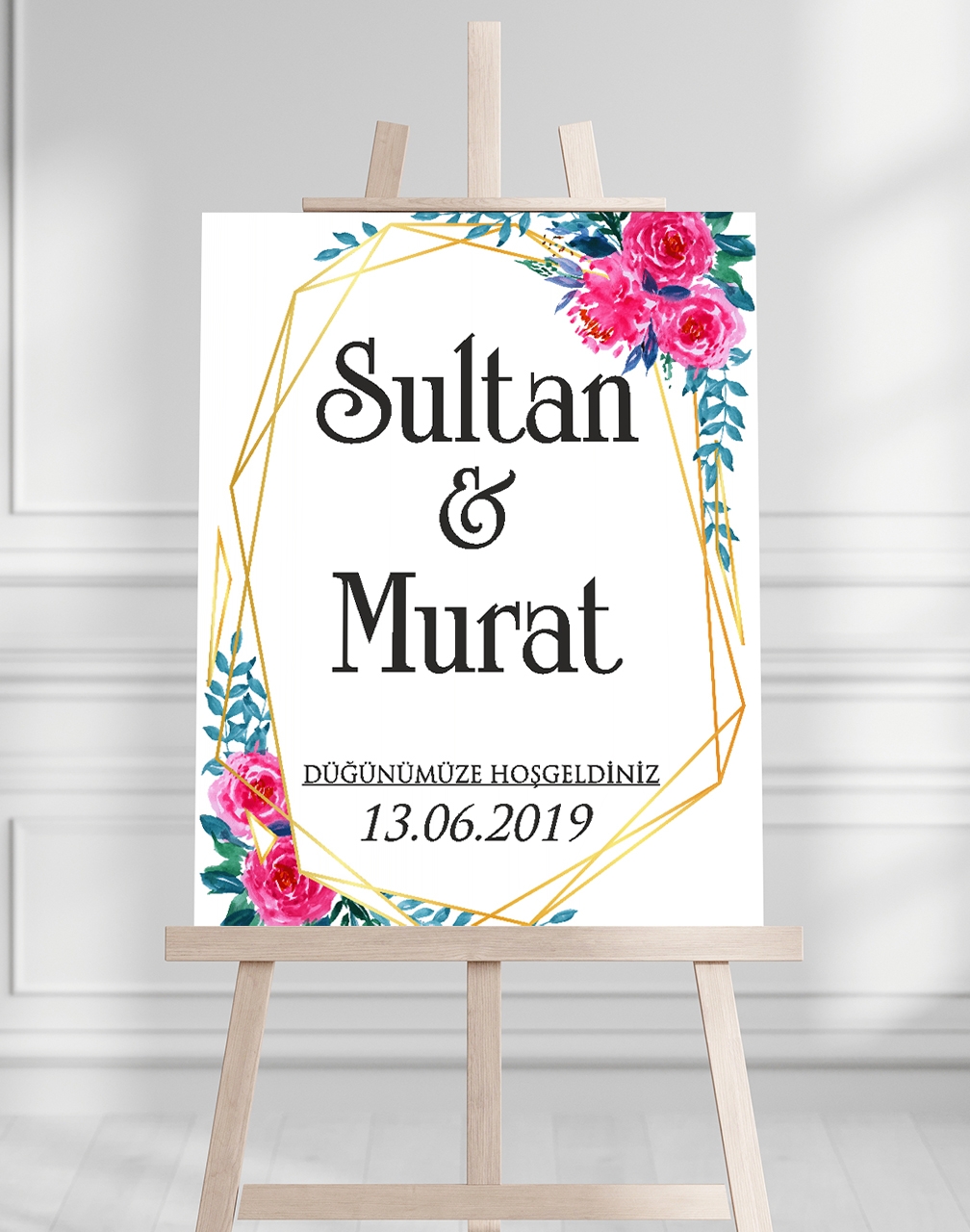 Söz Nişan Düğün İçin 50x70 Karşılama Panosu - Renkli Çiçek ve Yaprak Tasarımlı