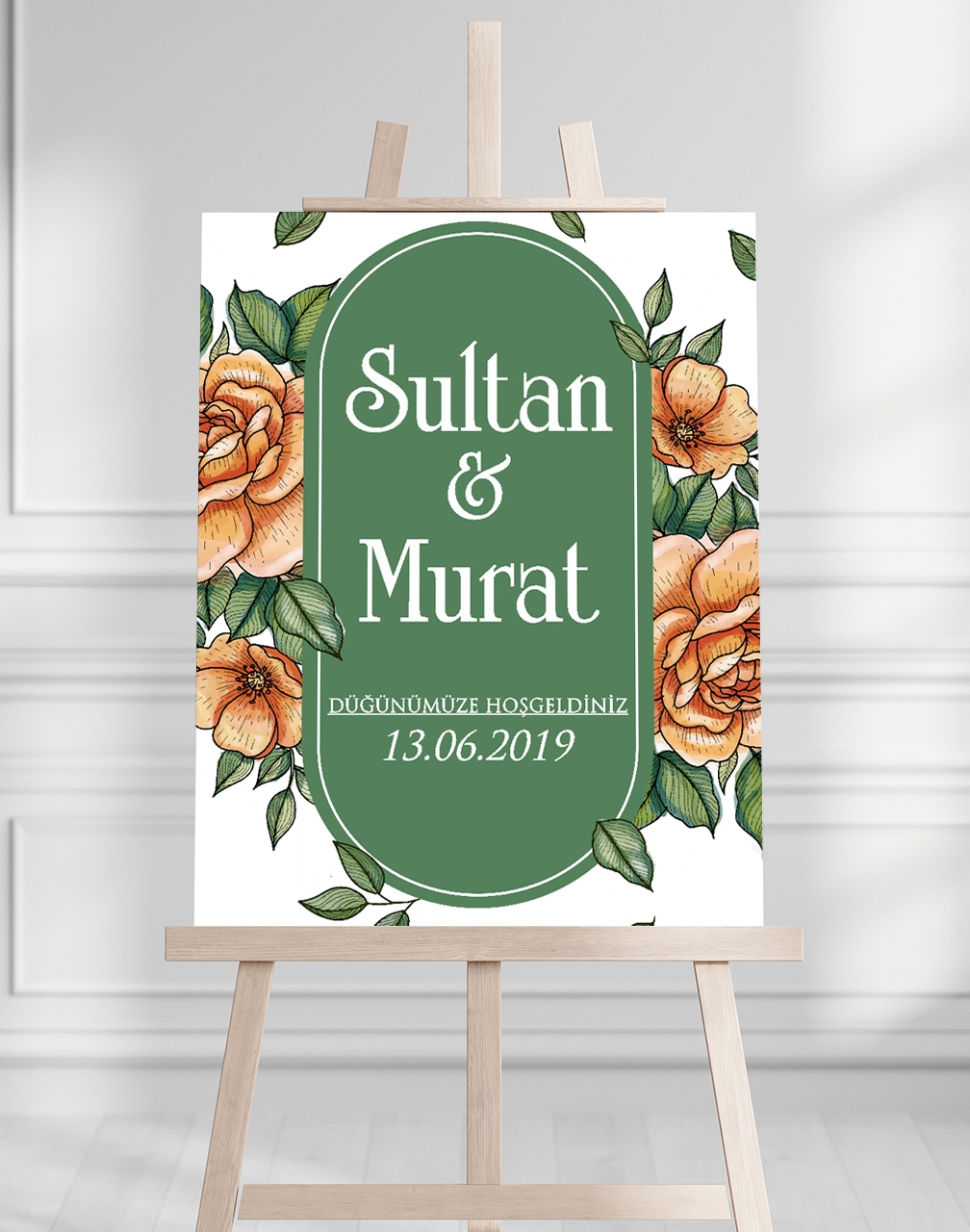 Söz Nişan Düğün İçin 50x70 Karşılama Panosu - Renkli Çiçek ve Yeşil Desenli