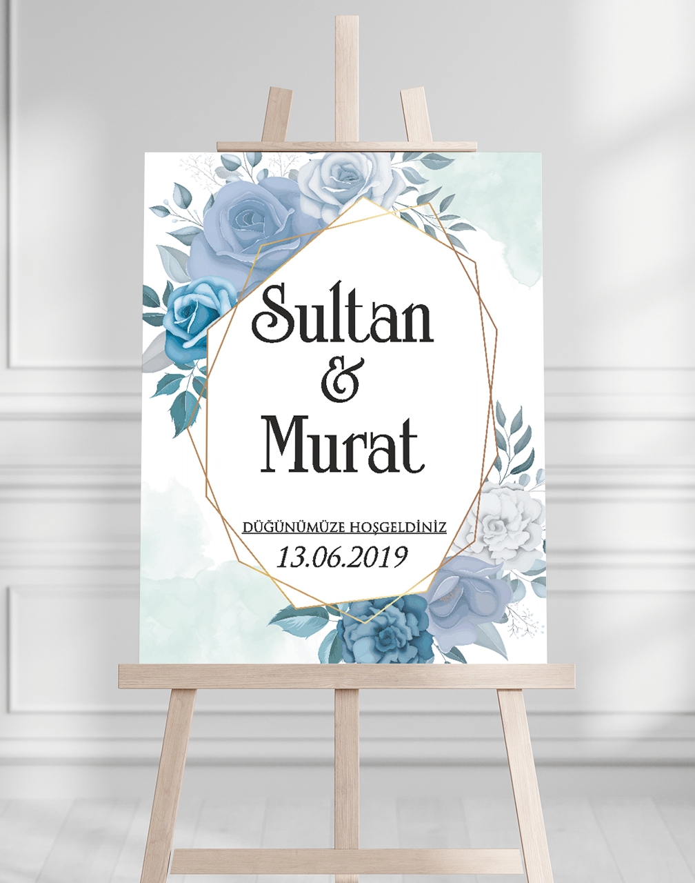Söz Nişan Düğün İçin 50x70 Karşılama Panosu - Renkli Mavi Çiçek Tasarımlı