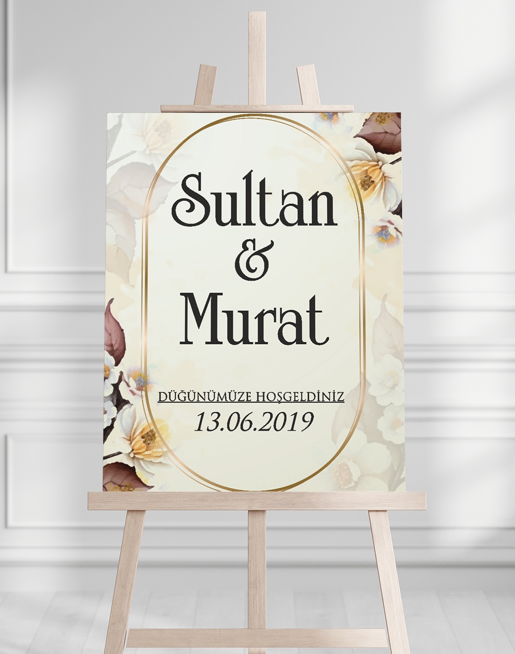 Söz Nişan Düğün İçin 50x70 Karşılama Panosu - Sarı Çiçek Desenli