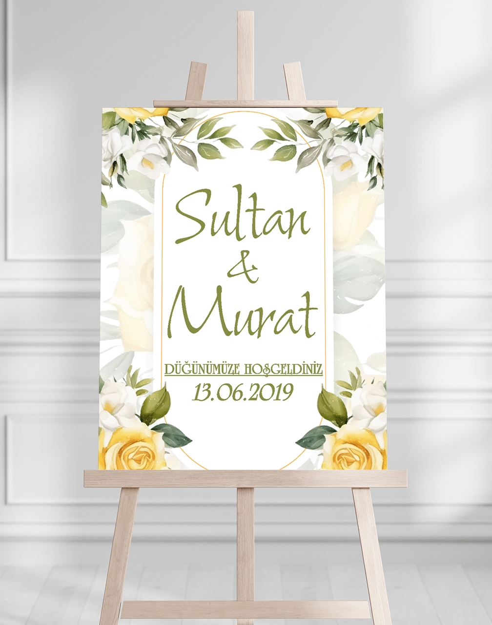 Söz Nişan Düğün İçin 50x70 Karşılama Panosu - Sarı Gül Desenli