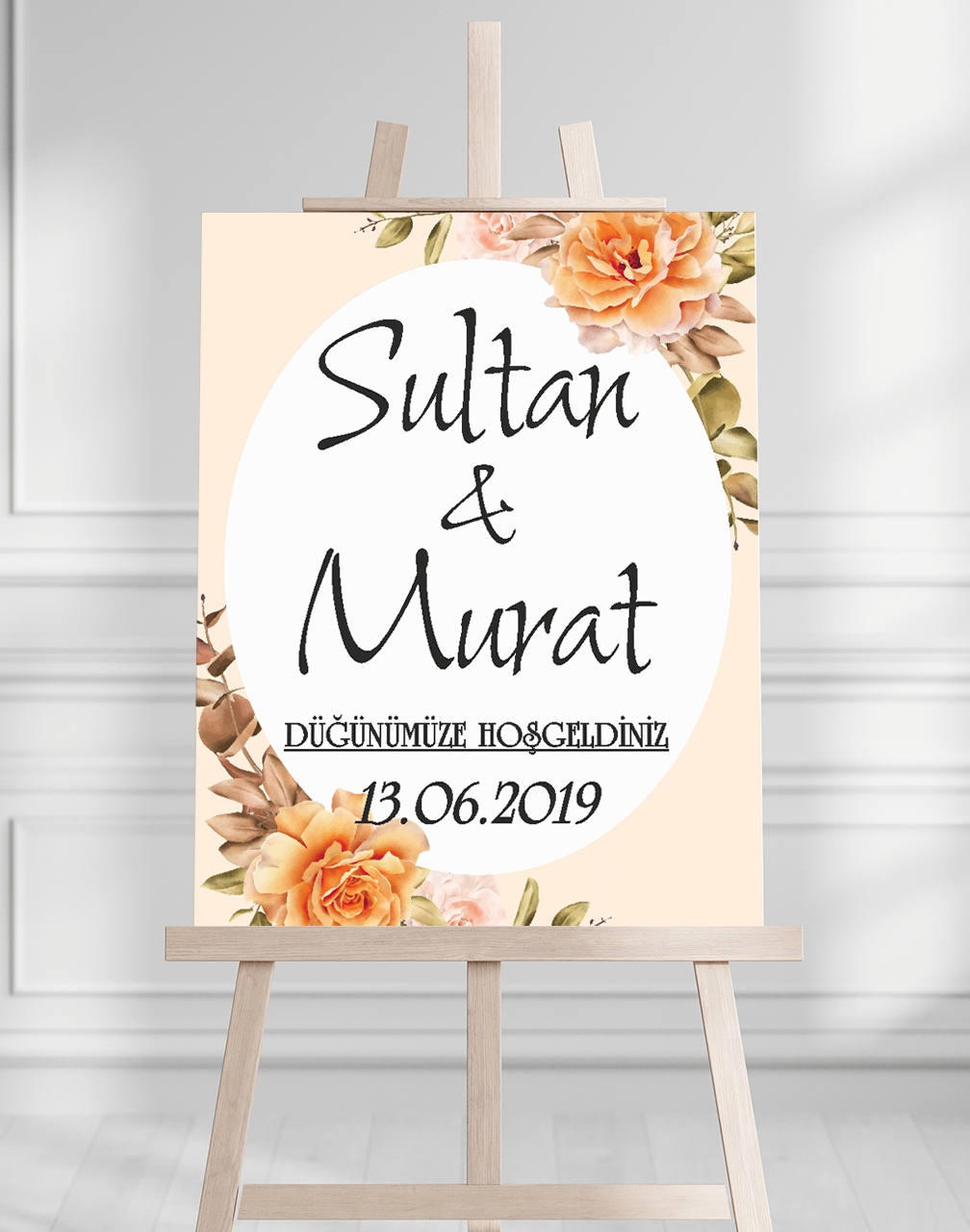 Söz Nişan Düğün İçin 50x70 Karşılama Panosu - Siyah Çiçek Desenli