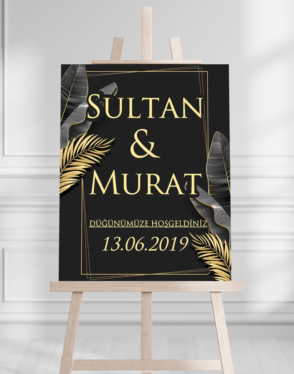 Söz Nişan Düğün İçin 50x70 Karşılama Panosu - Siyah ve Altın Yaprak Tasarımlı