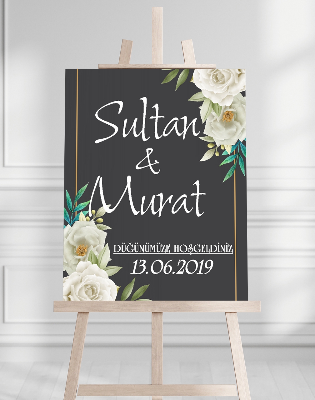 Söz Nişan Düğün İçin 50x70 Karşılama Panosu - Siyah ve Gold Çiçek Temalı 05