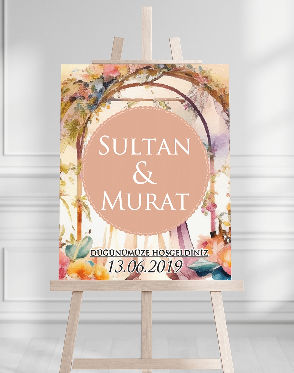 Söz Nişan Düğün İçin 50x70 Karşılama Panosu - Şeftali Çiçek Tasarımlı