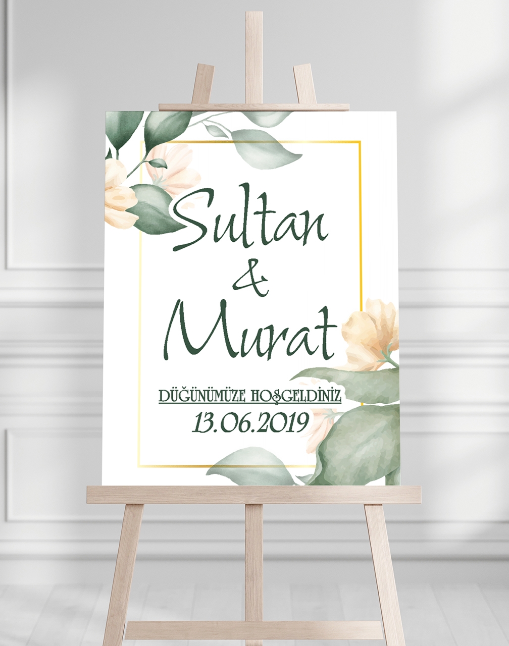 Söz Nişan Düğün İçin 50x70 Karşılama Panosu - Şeftali Çiçek Tasarımlı 001