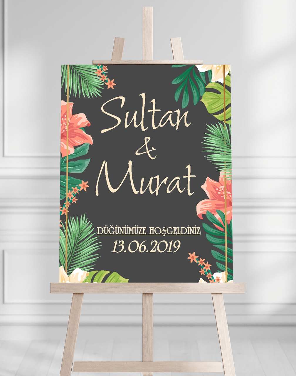 Söz Nişan Düğün İçin 50x70 Karşılama Panosu - Tropikal Çiçek Temalı