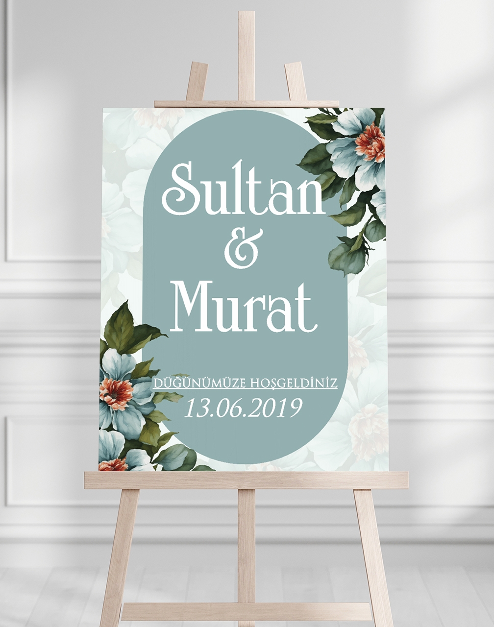 Söz Nişan Düğün İçin 50x70 Karşılama Panosu - Turkuaz Çiçek Tasarımlı