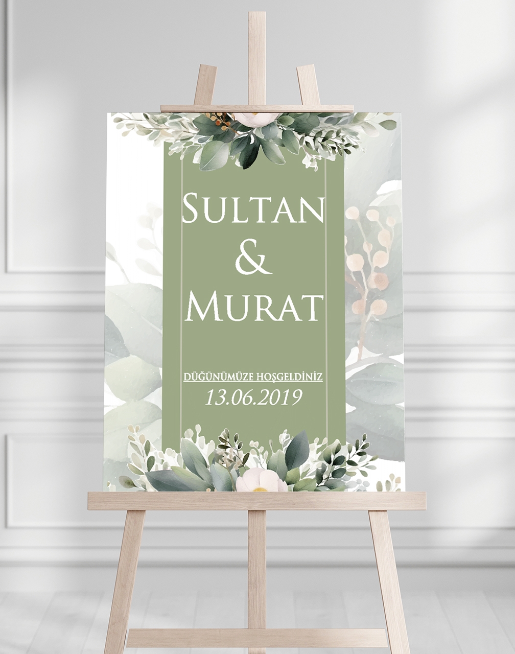 Söz Nişan Düğün İçin 50x70 Karşılama Panosu - Yeşil Çiçek Desenli 004