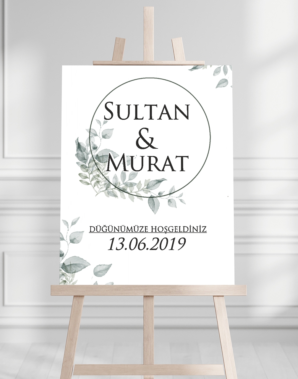 Söz Nişan Düğün İçin 50x70 Karşılama Panosu - Yeşil Çiçek Tasarımlı 006