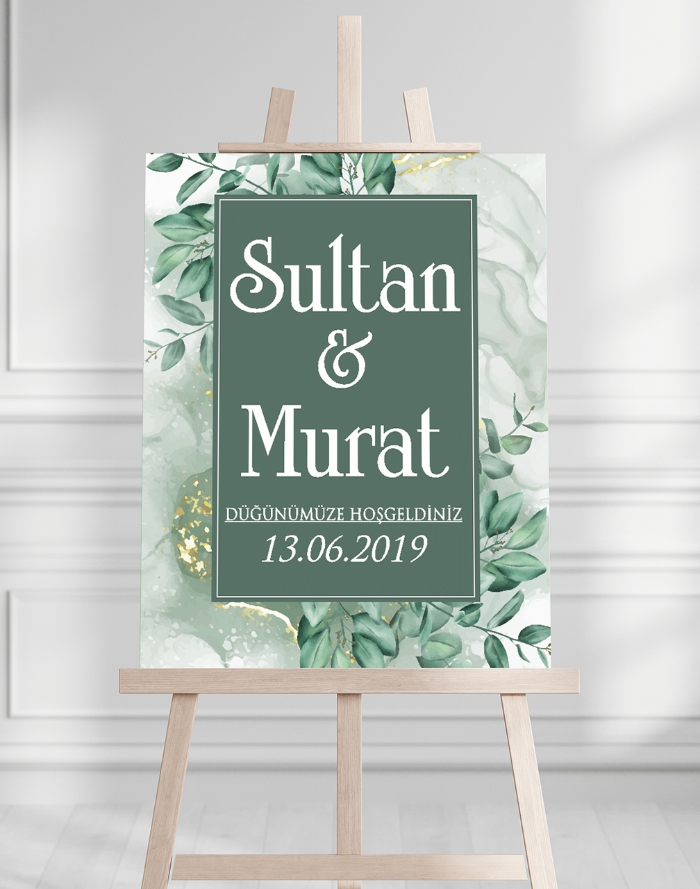 Söz Nişan Düğün İçin 50x70 Karşılama Panosu - Yeşil Çiçek Temalı