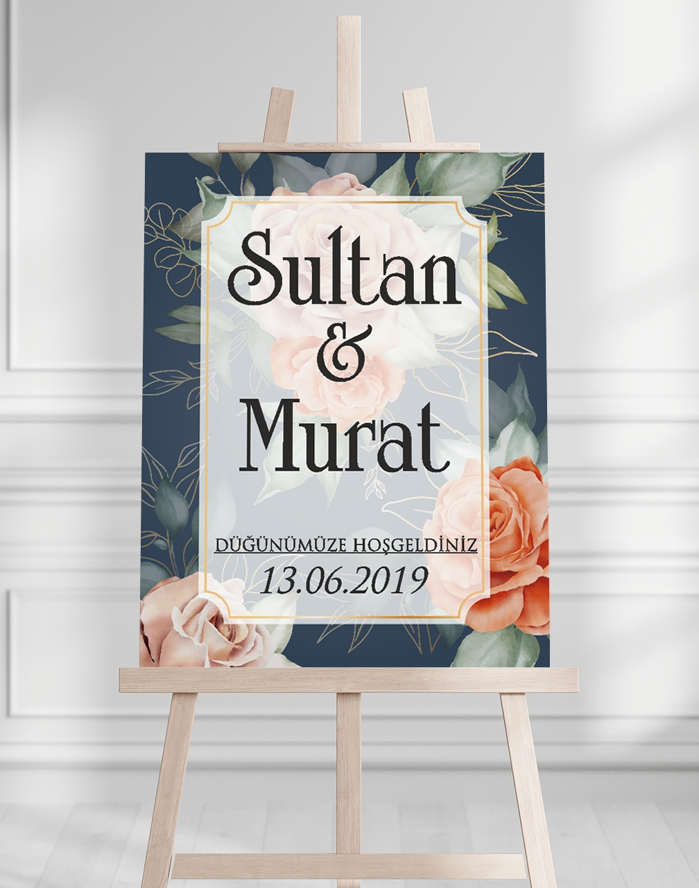 Söz Nişan Düğün İçin 50x70 Karşılama Panosu - Yeşil Pastel Çiçek Tasarımlı
