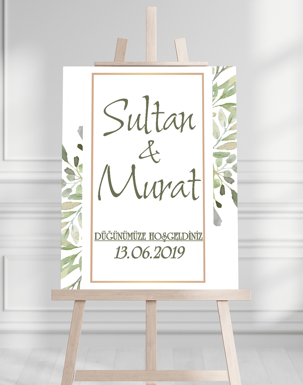 Söz Nişan Düğün İçin 50x70 Karşılama Panosu - Yeşil Renkleri Çiçek Temalı 03