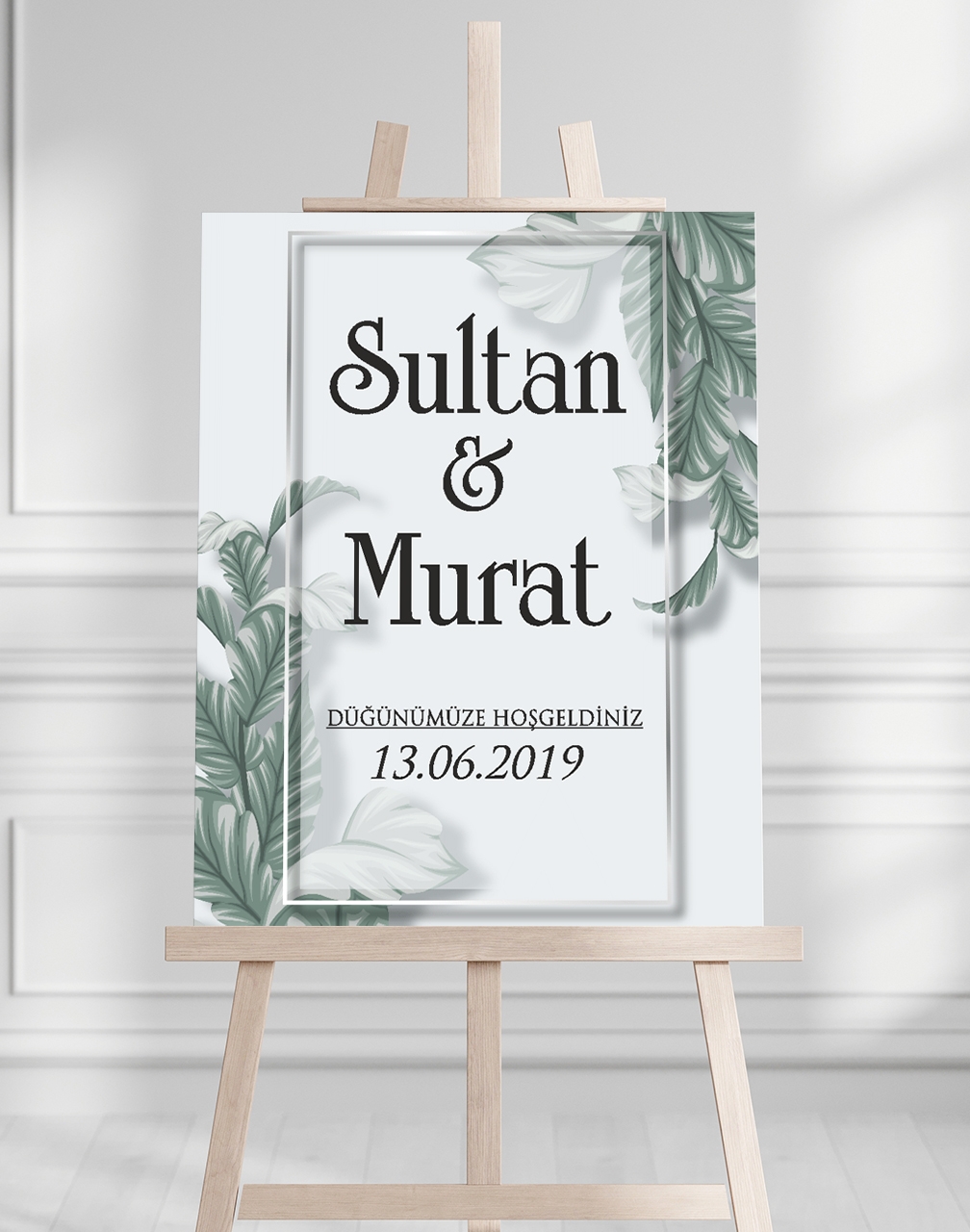 Söz Nişan Düğün İçin 50x70 Karşılama Panosu - Yeşil Yaprak Desenli