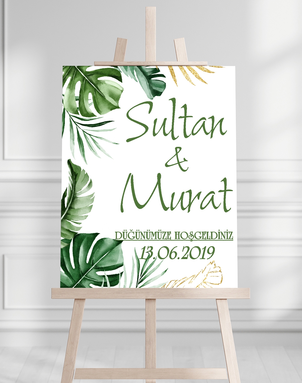 Söz Nişan Düğün İçin 50x70 Karşılama Panosu - Yeşil Yaprak Tasarımlı